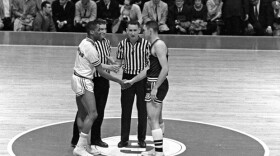 Loyola’s Jerry Hartness and Mississippi State’s Joe Dan Gold meet at half court for a historic handshake before the NCAA Mideast regional semifinal college basketball game in East Lansing, Mich., on March 15, 1963. "One Night In March" tells the story of a historic college basketball game that helped alter race relations on the basketball court.