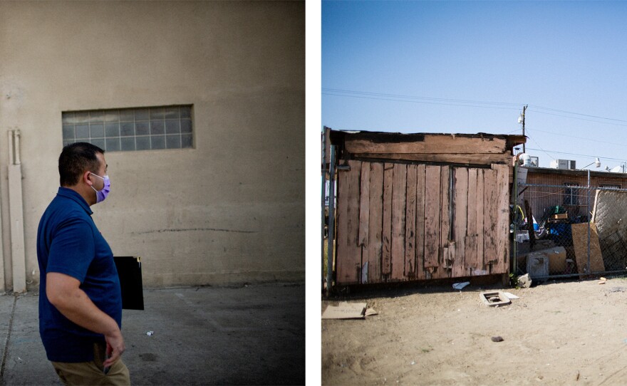 Left: Communicable disease specialists Yang (left) and Hou Vang walk to the Fresno County Department of Public Health in Fresno. Right: In Huron, Yang looked for Angelica near a former homeless encampment where she used to live.