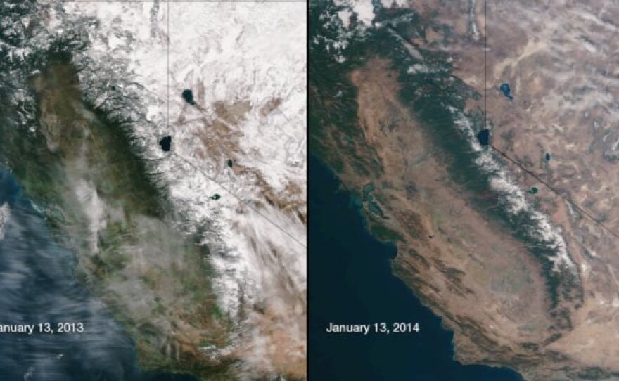 The photo on the left from Jan. 13, 2013 shows more green vegetation in central and southern California compared to the photo on the right from Jan. 13, 2014.