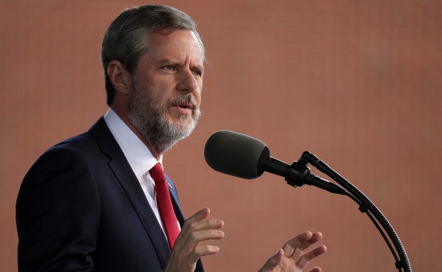 Jerry Falwell, Jr., former president of Liberty University, speaks at a university commencement in 2017 in Lynchburg, Virginia.