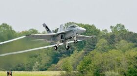 An F/A-18 Super Hornet strike fighter jet, powered by a 50/50 biofuel blend flies out of the Navy's Patuxent River location on Earth Day, April 22, 2010.