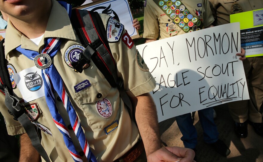 Members of Scouts for Equality hold a rally to call for equality and inclusion for gays in the Boy Scouts of America on Wednesday.