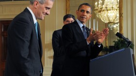 New White House Chief of Staff Denis McDonough (left), at Friday's announcement. Behind the president: outgoing Chief of Staff Jacob "Jack" Lew, who has been nominated to be Treasury secretary.