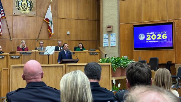 San Diego Mayor Todd Gloria gives the annual State of the City address in Council Chambers on Jan. 15, 2026,
