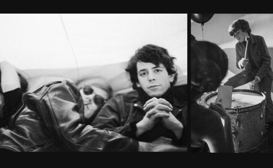 Paul Morrissey, Andy Warhol, Lou Reed and Moe Tucker from archival photography in a split-screen frame from "The Velvet Underground."