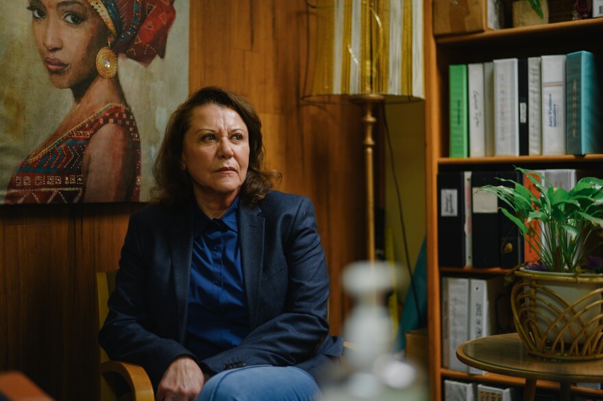 Rosa Diaz, the founder the Imperial Valley LGBT Resource Center, sits for a portrait at the center in El Centro, California on February 7, 2025. Diaz and other leaders recently rebranded the organization as the Donnelly Community Services Center, a decision that other LGBTQ+ advocates criticized as a move to distance the center from the cause of transgender rights.