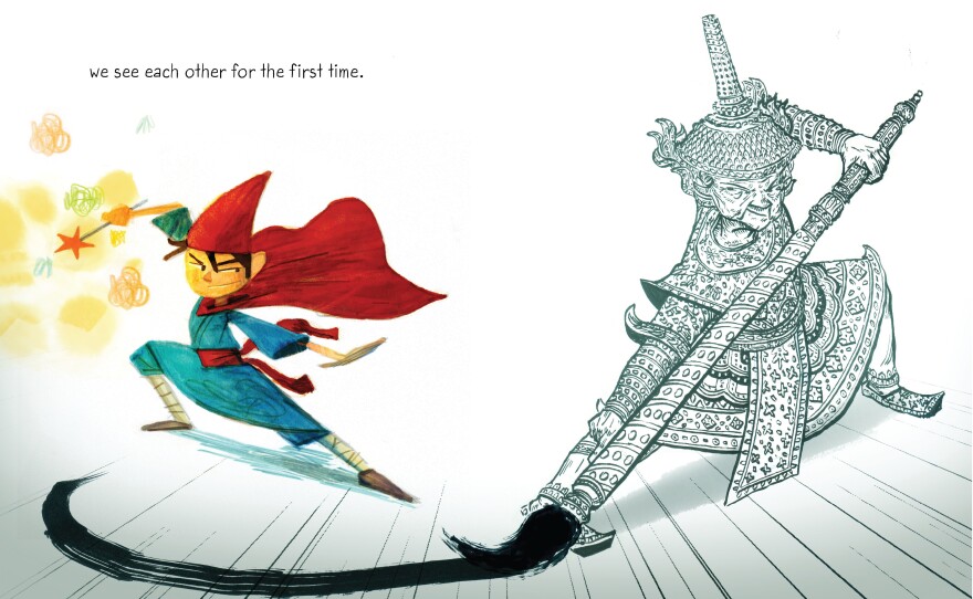 In <em>Drawn Together </em>a boy and his grandfather paint themselves as heroes. "I wanted to have a book that was both emotionally resonant but also exciting for kids," says author Minh Lê. (A "very ferocious" dragon appears a few pages later.)