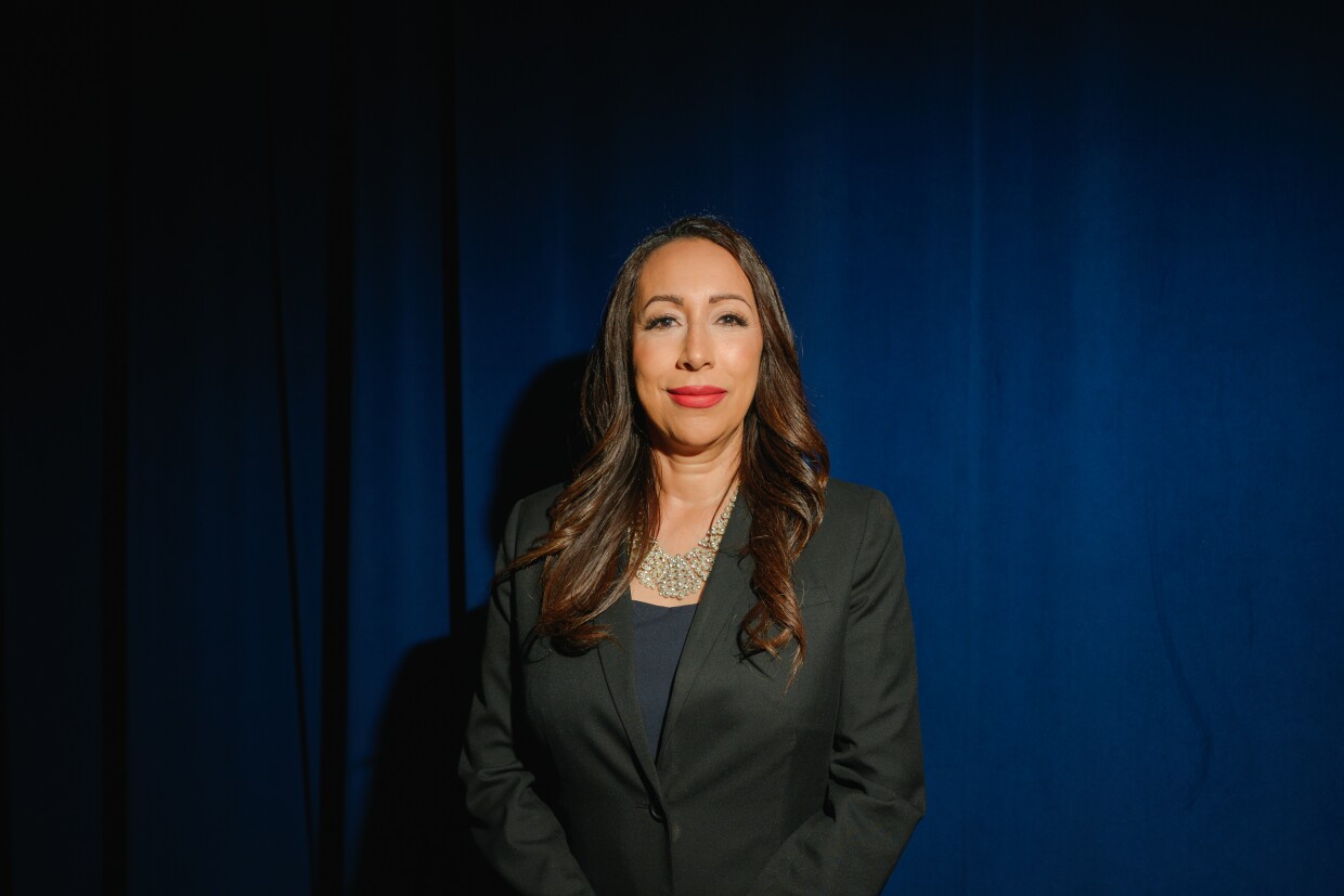 Paloma Aguirre, the mayor of Imperial Beach and a candidate for the District 1 seat on San Diego County’s Board of Supervisors, stands for a portrait at the KPBS studios in San Diego, California on May 14, 2025.