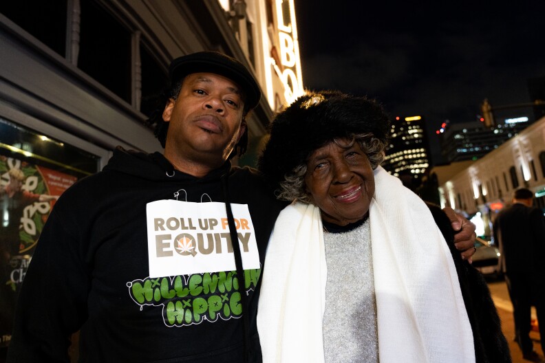 Armand King and "Queen Mother Dr. Kathleen Harmon," both of whom sit on the mayor's Black Advisory Group, stand outside his state of the city address on Wednesday, Jan. 10, 2023.