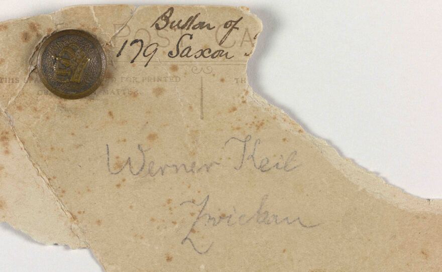 A small brass button that a German soldier gave to British Cpl. Eric Rowden, 19, on the Christmas Day truce. Rowden wrote in his diary that day: "I went out and found a German who spoke English a little, and we exchanged buttons and cigarettes. And I had two or three cigars given me, and we laughed and joked together, having forgotten war altogether."