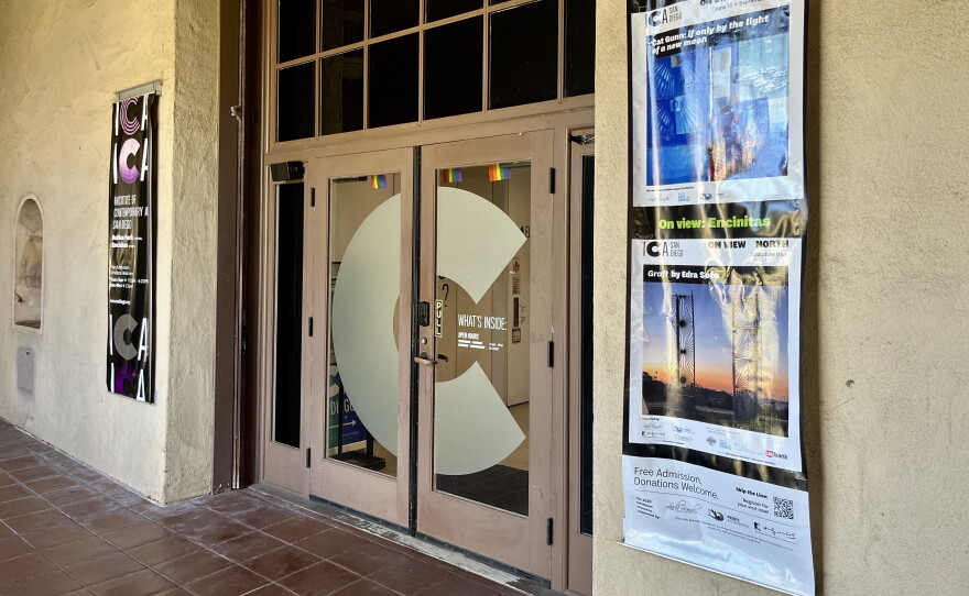 Banners for the the Institute of Contemporary Art San Diego hang next to its Balboa Park campus front entrance, Sept. 2, 2026.