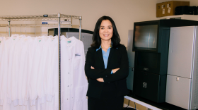 CEO Molly He of Element Biosciences stands beside the company's AVITI gene and cellular scanning device.  July 28, 2025