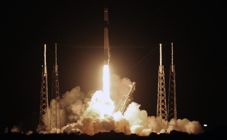 A SpaceX Falcon 9 rocket carrying more than 4,300 pounds of science and research, crew supplies and vehicle hardware to the International Space Station launches from pad 40 at Cape Canaveral Air Force Station in Florida. This is the final flight of SpaceX's first-generation Dragon cargo capsule.