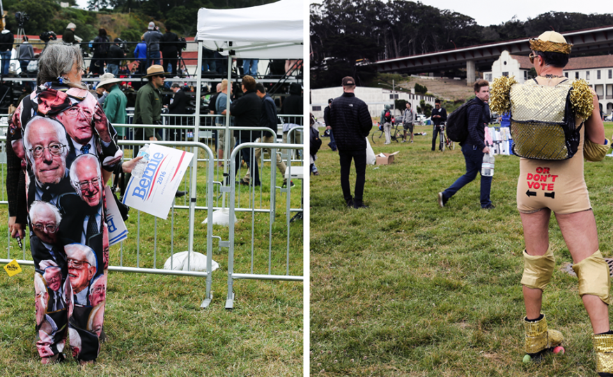 Sanders supporters Genei Baker (left) and Palmer Lamb (right) both came dressed to inspire and impress for Sanders' last rally before the California primary.