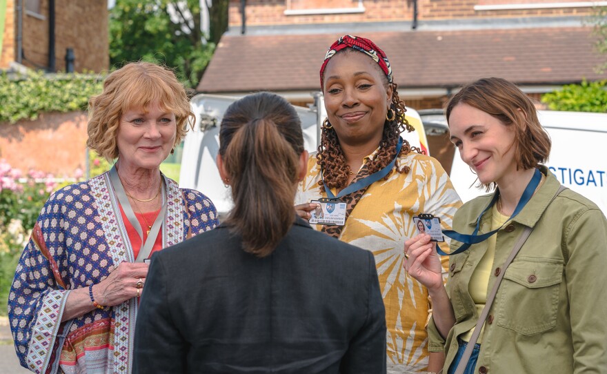 Shown L-R: Judith Potts (Samantha Bond), DS Tanika Malik (Natalie Dew), Suzie Harris (Jo Martin), Becks Starling (Cara Horgan) in MASTERPIECE: THE MARLOW MURDER CLUB, Season 2, Episode 3.