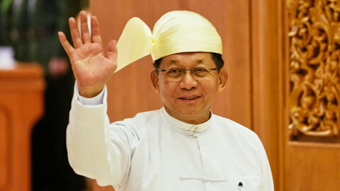 Senior Gen. Min Aung Hlaing, then head of Myanmar's military council, inspects officers during a parade to commemorate Myanmar's 78th Armed Forces Day in Naypyitaw, Myanmar, March 27, 2023.