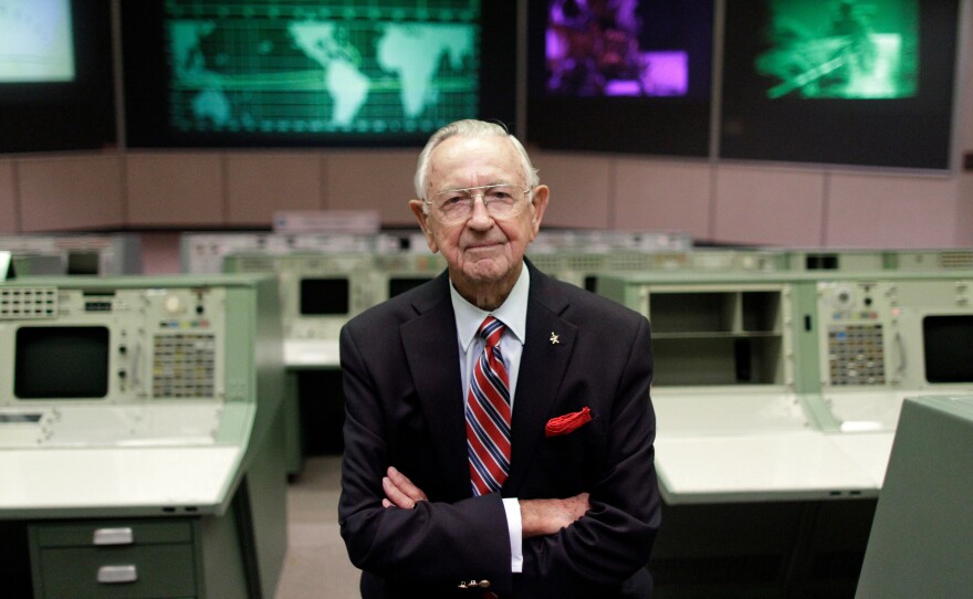 NASA Mission Control founder Chris Kraft in the old mission control at Johnson Space Center in Houston. This original mission control of the Apollo era is a national historic landmark.