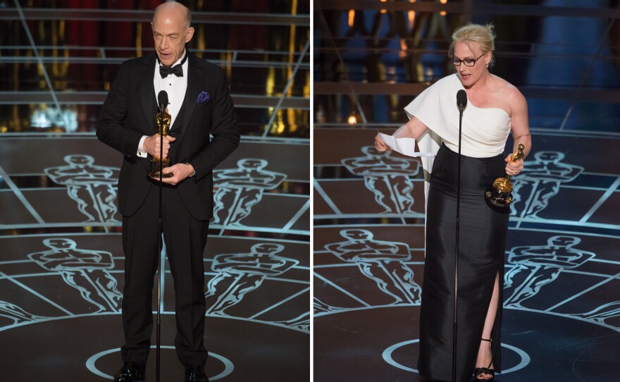 J.K. Simmons takes home an Oscar for Best Supporting Actor for his work in "Whiplash," left, and Patricia Arquette wins Best Supporting Actress for "Boyhood," right, the film's only win last night at the 87th annual Academy Awards, Feb. 22, 2015.