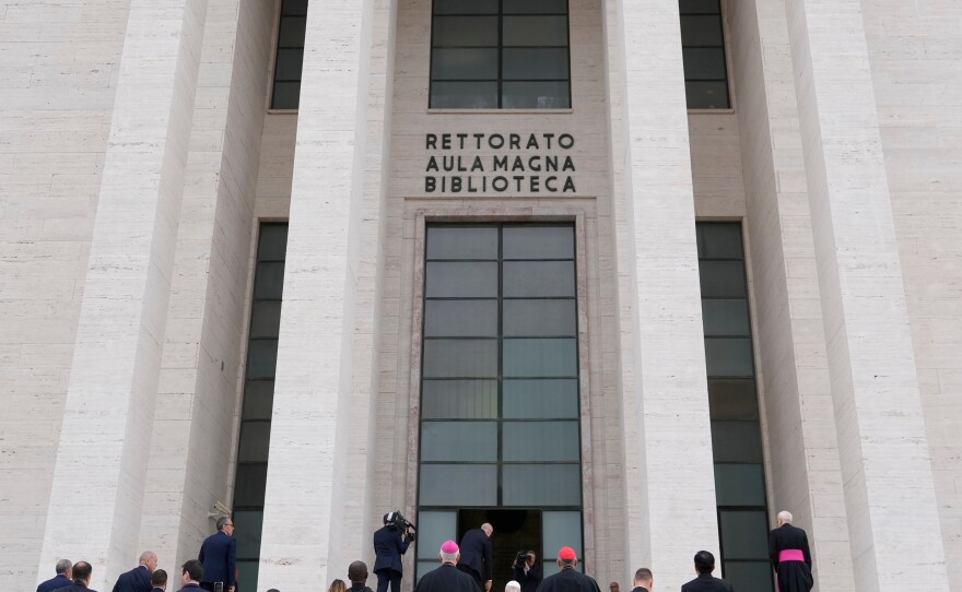 Pope Leo XIV visits the Città Universitaria (University City) at Sapienza University of Rome to meet with faculty and students at the institution's primary campus, one of the world's oldest and largest universities, Thursday, May 14, 2026.
