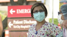 Health care workers at Tri-City Medical Center in Oceanside rally in support of The Health Care and Essential Workers Protection Act, August 25, 2020.
