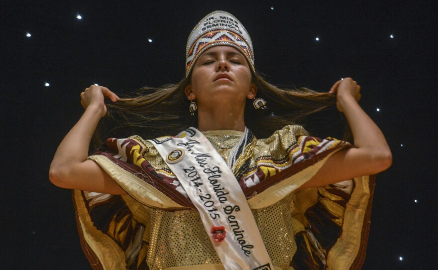 Princess Pageant crowns reflect the importance of patchwork, beadwork, and Seminole symbols.