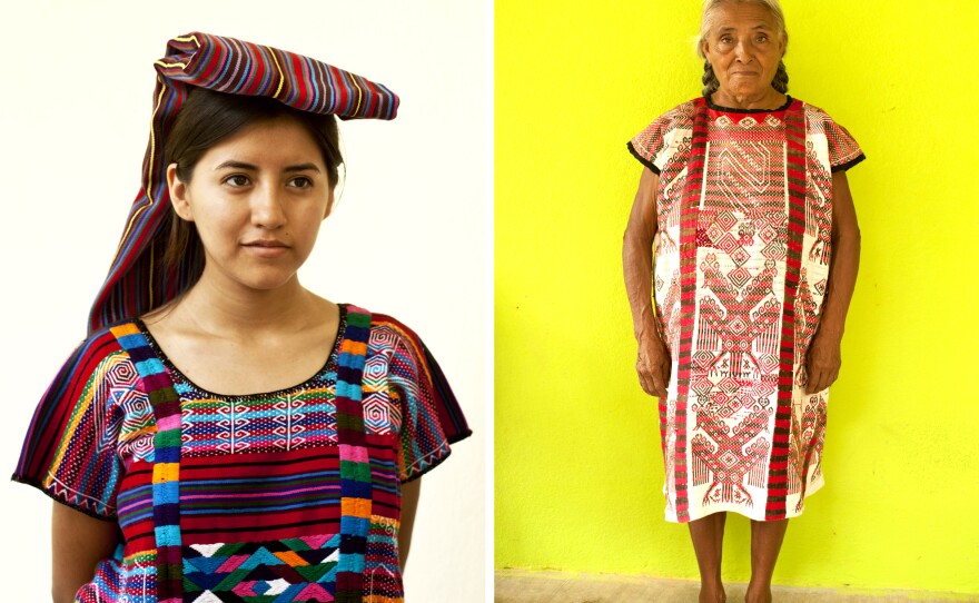 To the left is a fiesta huipil<em> </em>from northern Oaxaca. Carla Fernandez recently visited the region to look for fabrics she might use in future designs; at right, a Quetzalcoatl feathered-serpent fiesta huipil worn by a weaver in San Lucas Ojitlan.