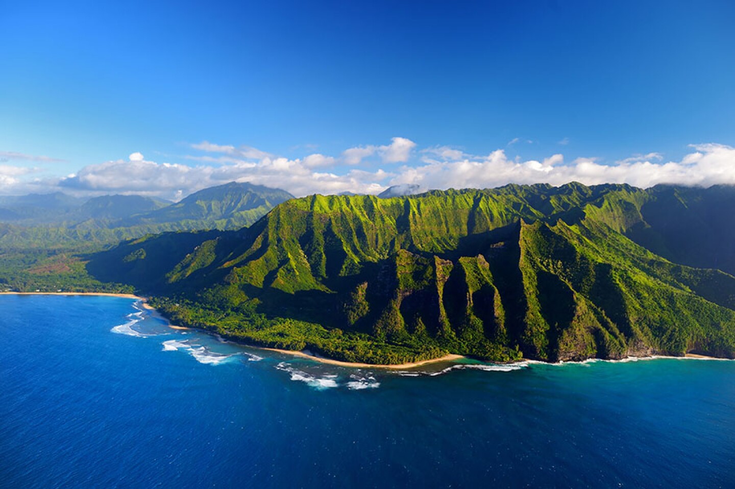 Aerial view of the spectacular Na Pali Coast in Kauai, Hawaii. 