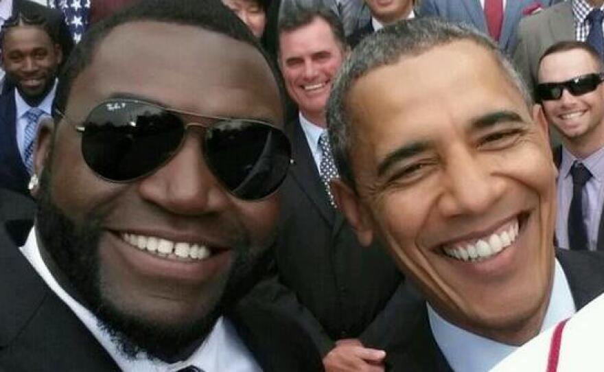 President Obama and David Ortiz of the Boston Red Sox on the front line of a group selfie Tuesday.