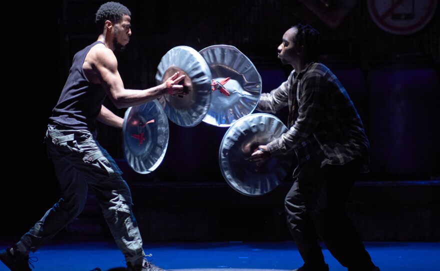 A scene from the New York production of <em>STOMP</em> featuring Desmond Howard and Emmanuel "Manny" Scott at the Orpheum Theatre.