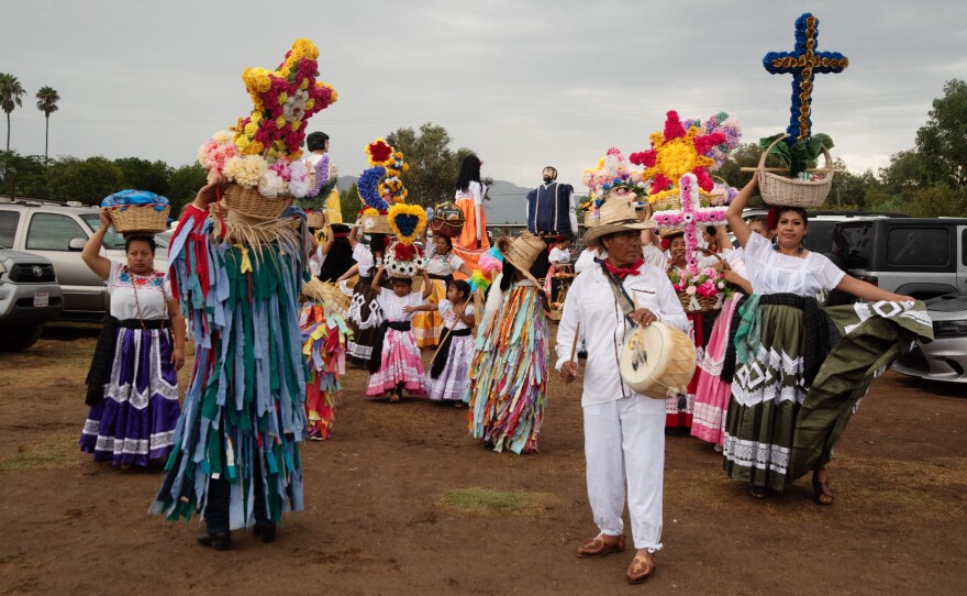 Members of the Oaxacan dance group Candela Valles Centrales perform at a gathering in Valley Center, California on September 21, 2025.