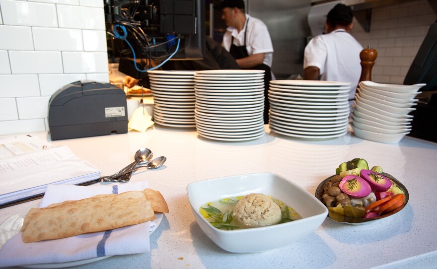 The finished matzo ball soup is a centerpiece of DGS' Passover meal.