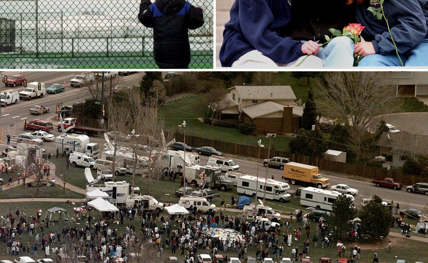 (Left) A boy looks through the fence at the Columbine High School tennis courts in Littleton, Colo., in April, 1999. (Right) From left, Rachel Ruth, Rhianna Cheek and Mandi Annibel, all 16-year-old sophomores at Heritage High School in Littleton, console each other during a vigil service in Denver's Civic Center Park. (Bottom) An aerial view of the news media compound near Columbine High School.