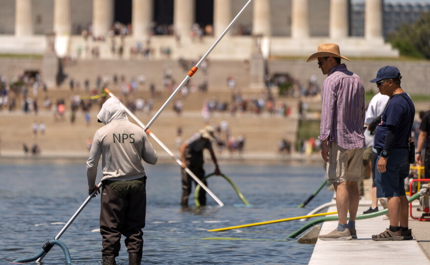 Visitors watch as National Park Service employees use vacuums to clean the Lincoln Memorial Reflecting Pool, Saturday, June 20, 2026, in Washington.