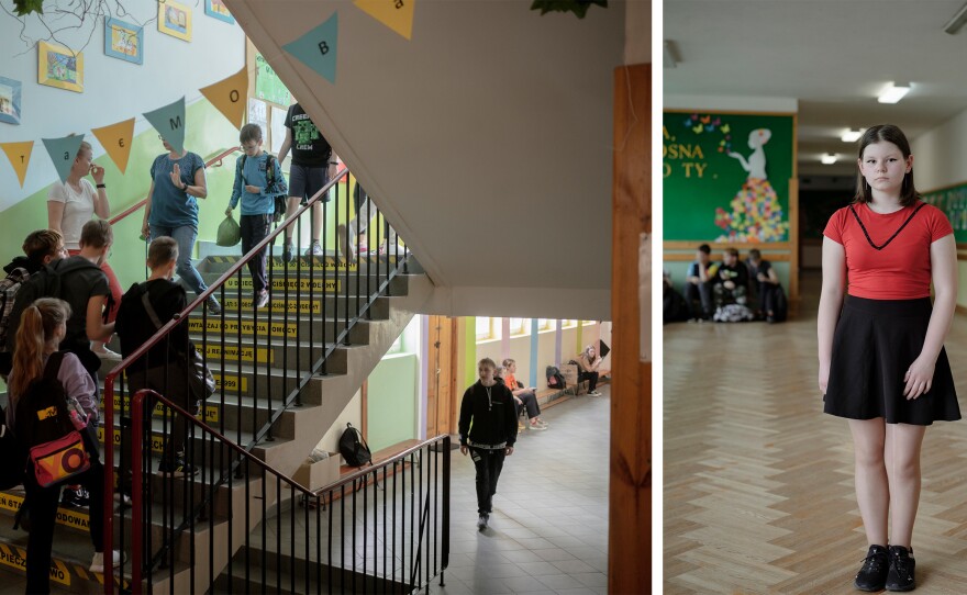 Left: Student walk to classrooms at Primary School no. 148 in Warsaw; Right: Masha Zamoros from Ukraine, studies at Primary School no. 148.