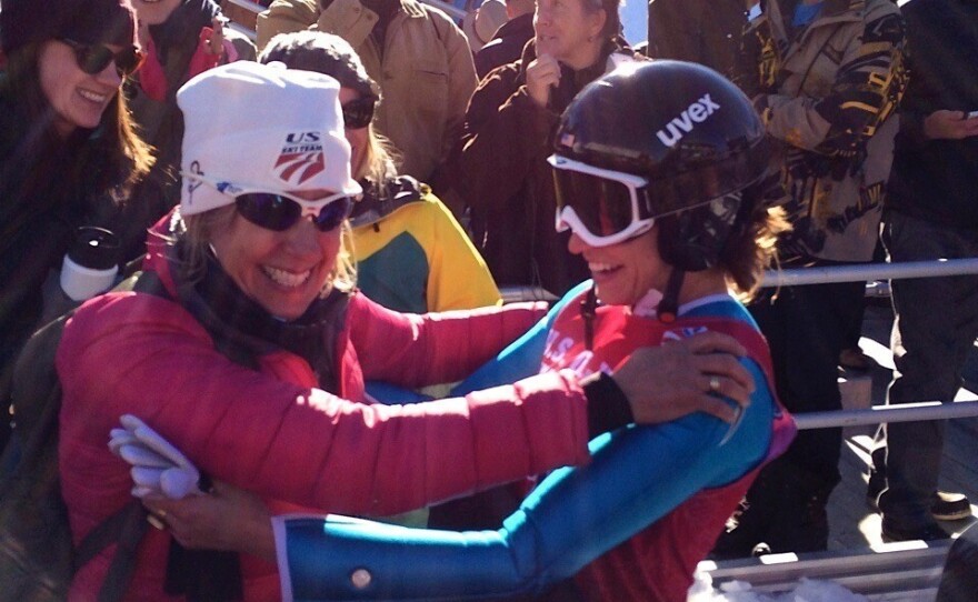 Jessica Jerome hugged her mom Barbara in 2013 after winning the U.S. trials to qualify for a spot at the 2014 Winter Olympics in Sochi where women jumpers competed for the first time.