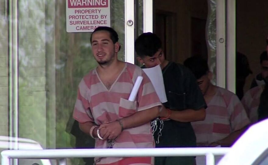 Six San Diego men whose alleged behavior forced a flight from San Diego to Chicago to make an emergency landing on Monday, Aug. 31, 2015, in Amarillo, TX, are transported to federal court in Amarillo on Wednesday, Sept. 2, 2015, to face charges of interference with a flight crew and aiding and abetting.