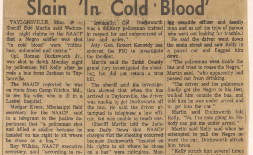 Jackson Daily News, April 12, 1962, "Sheriff Denies Soldier Slain 'In Cold Blood.'"