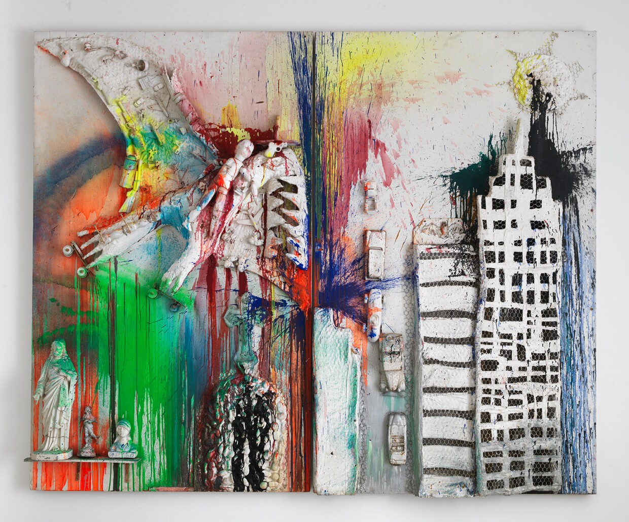 Niki de Saint Phalle's "Pirodactyl over New York," is a 1962 work of paint, plaster and objects on two wood panels.