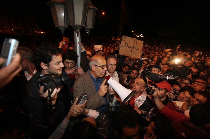 Nobel Peace laureate Mohamed ElBaradei, the former head of the International Atomic energy Agency, appeared at the protests in Cairo's Tahrir square around 7 p.m on Sunday.