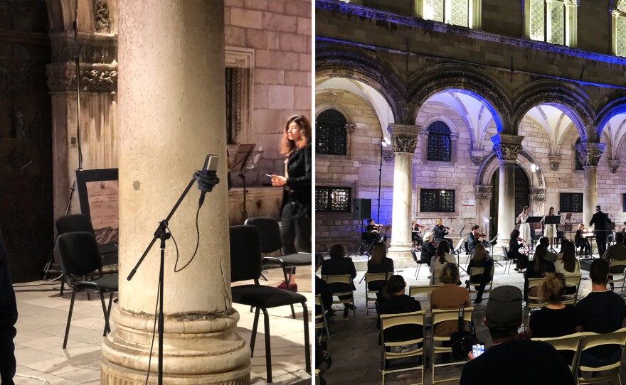 Left: Damil Milat is the manager of the Dubrovnik Symphony Orchestra, which has given live performances outdoors for the city's residents during the pandemic. Right: The Dubrovnik Symphony Orchestra invites young performers from the local community to perform with them, with parents in the audience.