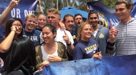 A group of students celebrate after UCSD students voted to move the school's athletics to NCAA Division I, May 24, 2016.