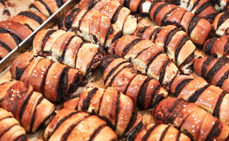 A close up of ruggelach, cookies popular among Jews of Ashkenazi, or Eastern European descent, that were among the Jewish food items sold by the Fine Bagels food stall at Berlin's historic market hall, March 19, 2017. This was part of Nosh Berlin, the first Jewish food festival in the German capital.