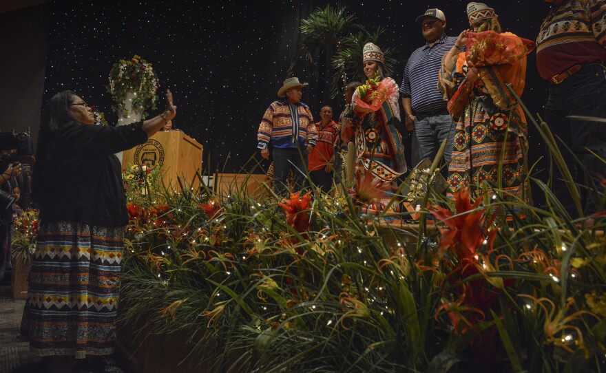 Pageant director Wanda Bowers, left, directs this year's winners onstage, right. She has shepherded "her girls" through every pageant since 1991. She was Miss Florida Seminole twice in the 1960's.