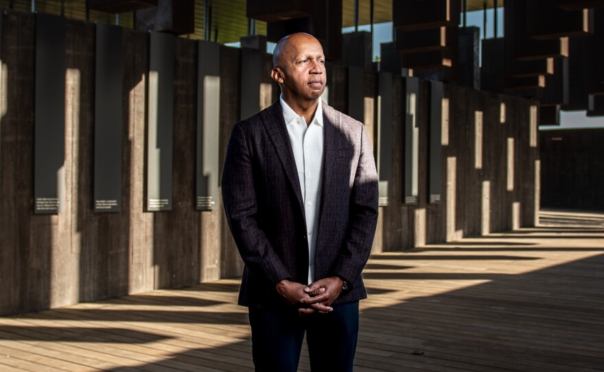 Bryan Stevenson, executive director of the Equal Justice Initiative, stands on the grounds of the National Memorial for Peace and Justice in Montgomery, Alabama.