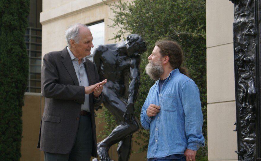 While at Stanford University, Alan Alda meets with Dr. Robert Sapolsky discussing how criminal law will need to change by incorporating neuroscientific evidence, Palo Alto, Calif.