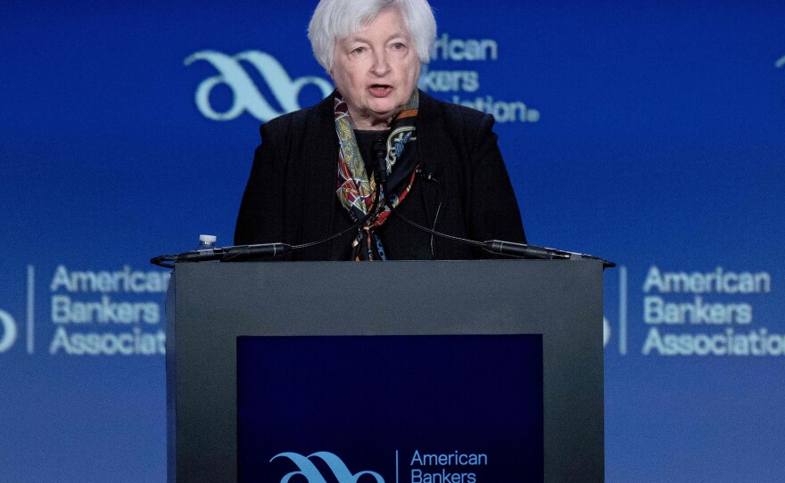 Treasury Secretary Janet Yellen said that depositors at small banks could be eligible for the same kind of protection extended to customers at two regional banks that failed this month. Yellen made the remarks at a speech she delivered to the American Bankers Association on March 21, 2023.