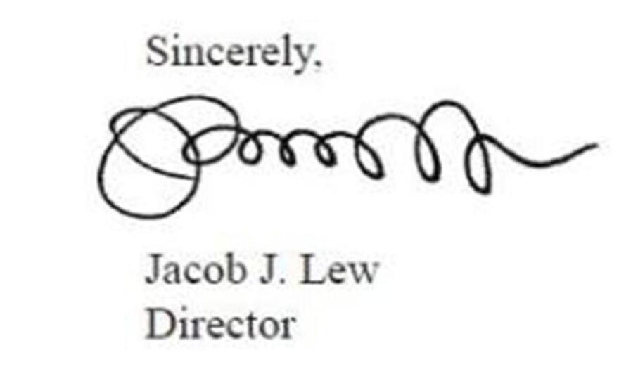 Jacob "Jack" Lew's signature, on the 2012 "Mid-Session Review" of the federal budget. He was director of the Office of Management and Budget at the time.