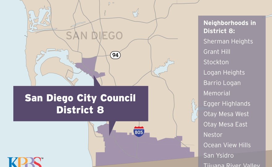 A map shows San Diego City Council District 8, May 2018.