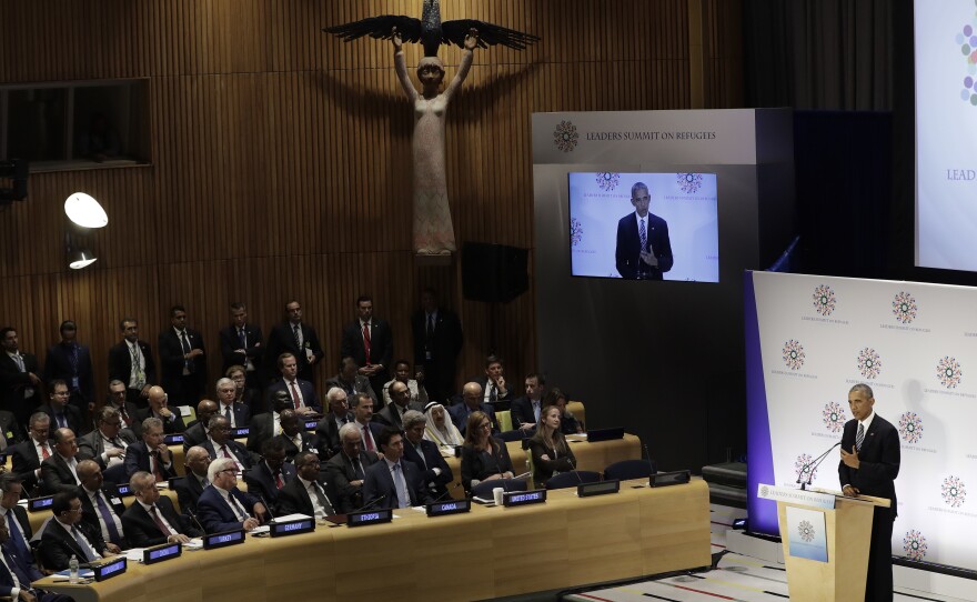 President Obama speaks during a summit on refugees at the U.N. on Sept. 20. The president has increased the target number for U.S. settlement to 110,000 refugees from the world's most vulnerable populations.