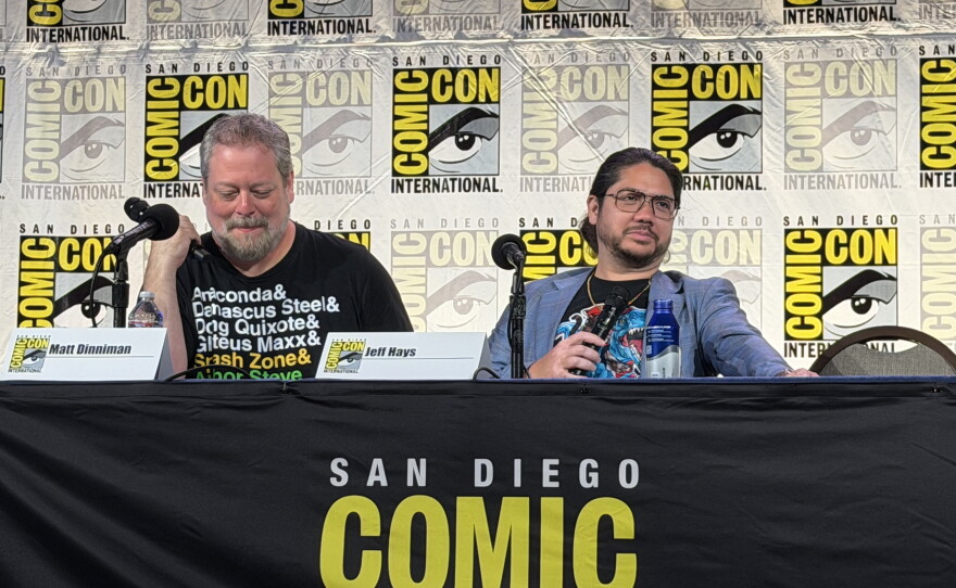 Author Matt Dinniman and audiobook narrator Jeff Hays speak at a San Diego Comic-Con panel on July 25, 2026 at the San Diego Convention Center, San Diego, Calif.
